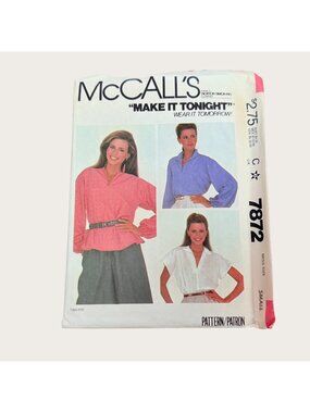 Vintage 1980s McCalls Sewing Pattern 7872 Misses Top Size Small Uncut